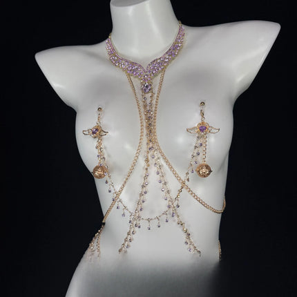 Purple Crystal Necklace with Nipple Clamps and Body Chain Metal Material Bells SM Nipple Stimulation Adult Toy Couples' Teasing