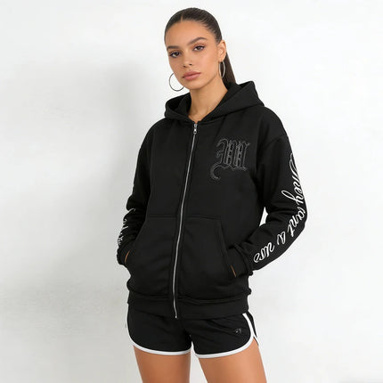 Trendy Creative Applique Letter Print Double Hat Design Women's Clothing Zippered Hoodie Loose Casual y2k hoodie girlfriend