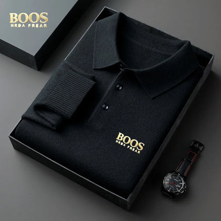 BOOS HRDAFREAR new autumn and winter wool collar long sleeved men's knitted polo shirt solid color middle-aged base sweatermen c