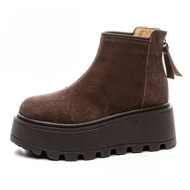 Fujin 7cm Suede Leather Snow Shoes Ankle Booties Platform Winter Boots Women Comfortable Non Slip Chelsea Boots Chunky Heel