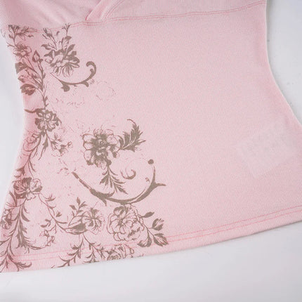 Pink Floral Print Women Fairy Y2K T-shirt Coquette V Neck Long Sleeve Tees Autumn Spring Casual Pullovers Tops Vintage Clothes