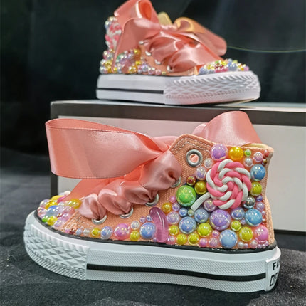 Handmade Rhinestones Bling Girls Women Kids And Mother Candy Canvas Shoes Pearls Sneakers For Girl Birthday Party Wedding