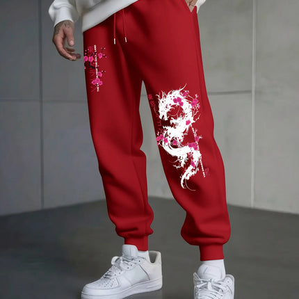 Japanese-Style Dragon And Cherry Blossom Print Autumn And Winter Men'S Fleece-Lined Casual Pants