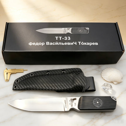 Urakov TT33 - A high-end outdoor knife from Russia, made of DC53 steel, with a carbon fiber sheath, suitable for hiking trips.