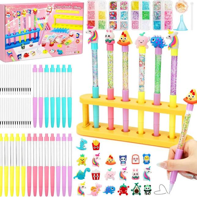 DIY Glitter Pen Making Kit Kids Craft Supplies 80+ Pieces Handmade Art Set Make 16 Pens Cartoon Decor Birthday Gift For Girls Bo