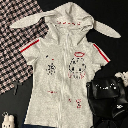 Japanese Cute Babes Slim Fit Cardigan Subculture Kawaii Ears Short Sleeve Hoodies Women Summer New Sweet Streetwear Grey Tops