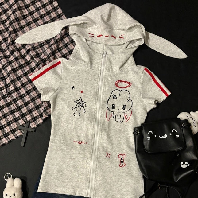 Japanese Cute Babes Slim Fit Cardigan Subculture Kawaii Ears Short Sleeve Hoodies Women Summer New Sweet Streetwear Grey Tops