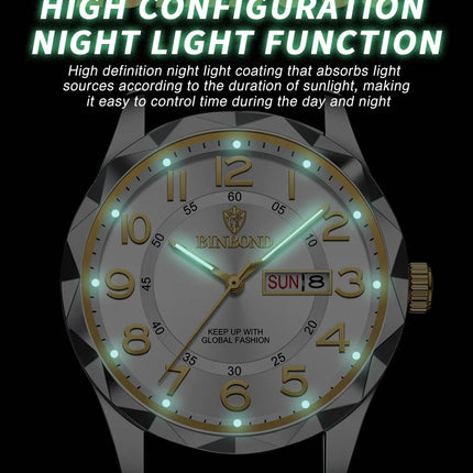 BINBOND Top Brand Luxury Men's Wristwatch Waterproof Luminous Date Week Men's Watches Stainless Steel Quartz Men's Watch Male reloj
