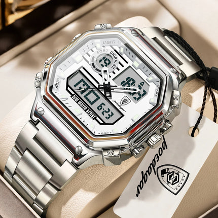 POEDAGAR Functional Men Wristwatch Waterproof Luminous Stainless Steel LED Man Watch Week Date Electronic Men's Quartz Watches