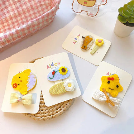 2 Pcs Korean Cartoon Animal Hair Clip Sweet Fabric BB Clip Bow Hair Clip Broken Hair Edge Clip Yellow Tie Girls Hair Accessories