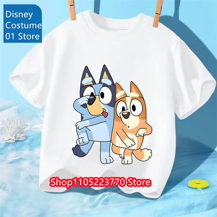 Kids Bluey Printed T-Shirt Autumn Winter Cartoon Short Sleeve Playwear Tee Comfortable Top for Boys Girls