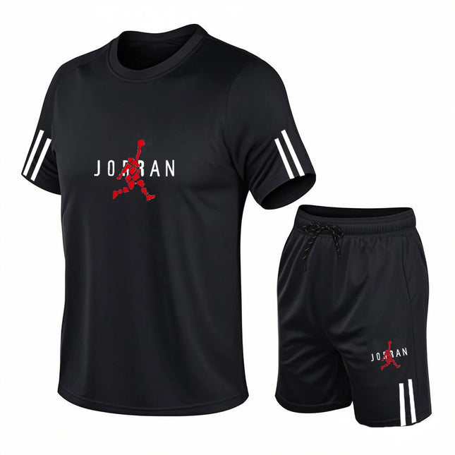 2026 men's casual two-piece sports set, fashionable printed short-sleeved top and shorts, running sports short-sleeved set