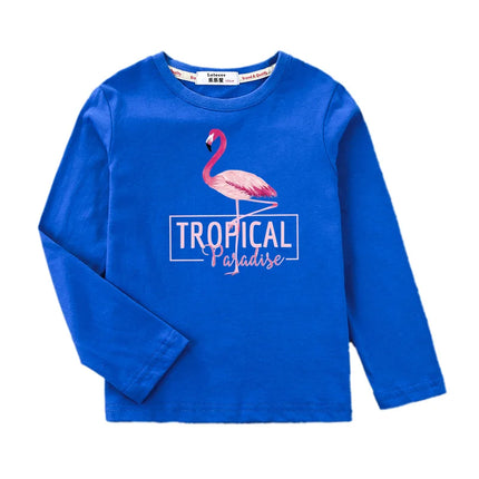 2024 New Flamingo Long-Sleeved T-shirt for Little Girls in Autumn, Round Neck Cotton Tops, Children's Fashion Tees, Ages 3-14