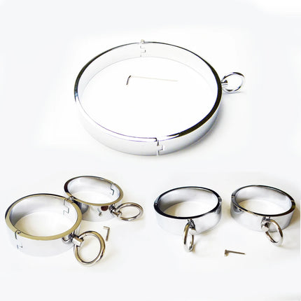 Manyjoy Metal Steel Slave Lock  Wrist Handcuffs Ankle Cuffs Neck Collar with O Ring Shackles Adult BDSM Bondage Game Sex Toy Men