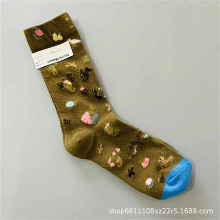 Bonne Maison French Small Batch Women's Fun Oil Painting Style Mid-Calf Cotton Dopaamine Colorful Socks Moisture Wicking Sweat