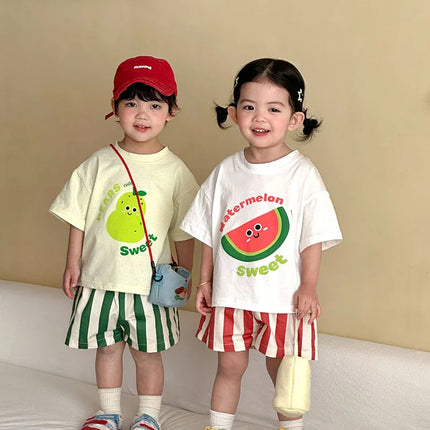 MILANCEL New Summer Kids Clothes Set 1-9T Girls Cartoon T-shirt+Striped Shorts Cotton Loose Boys Tee Suit Children Outfit 2PCS