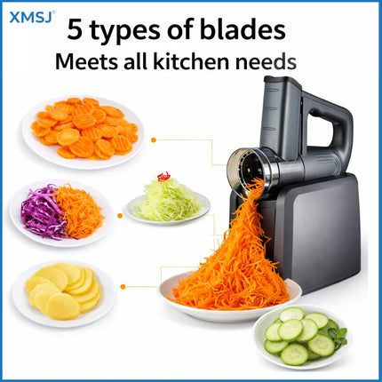 5 in 1 Electric Food Slicer with 5 Blades Digital Display Automatic Vegetable Cutter & Cheese Grater with Safety Guard