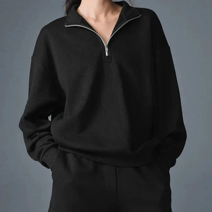 Loose Casual Zipper Sports Sweatshirts Solid Grey Cotton Long Sleeved Pullover Women Autumn and Winter Stand-up Collar Hoodie