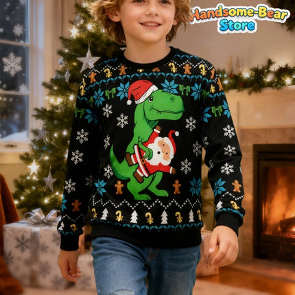 Funny Tree Rex Christmas Ugly Sweatshirt New Fashion Cartoon Dinosaur Graphic Hoodies for Girls Clothes Xmas Boys Gift Kids Tops