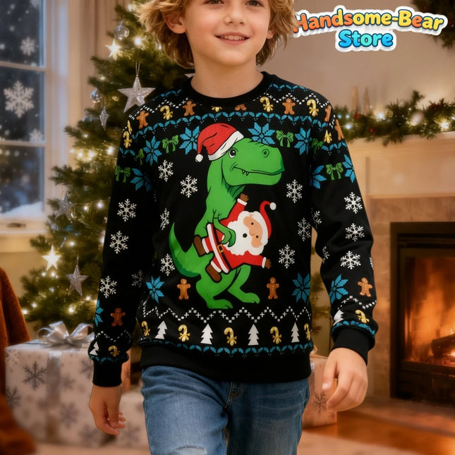 Funny Tree Rex Christmas Ugly Sweatshirt New Fashion Cartoon Dinosaur Graphic Hoodies for Girls Clothes Xmas Boys Gift Kids Tops