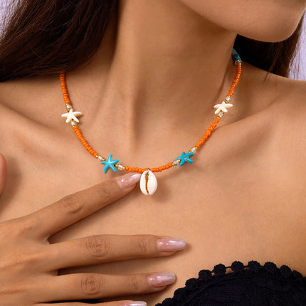 Bohemian Beach Shell Conch Beaded Necklace for Women Summer Ocean Style Seashell Starfish Pendant Choker Vacation Party Jewelry