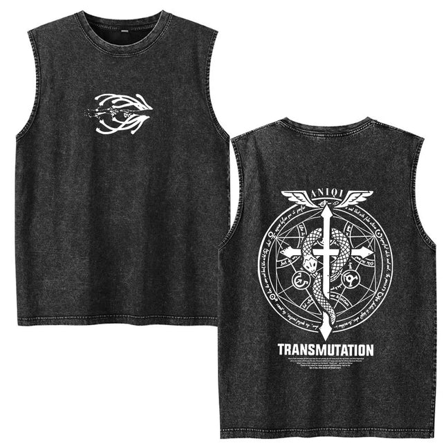 Anime Fullmetal Alchemist Vintage Washed Tank Tops Funny Manga Brotherhood Eyes T-shirts Fashion Casual Sleeveless Vest T-shirts