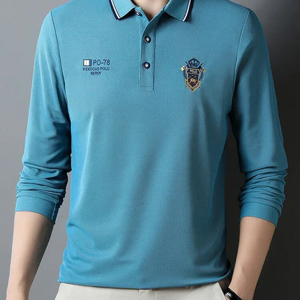 New Men's Long-sleeved Cotton Polo Shirt Fashion Embroidery Casual Bottom Pullover Shirts Tops Men's Clothing