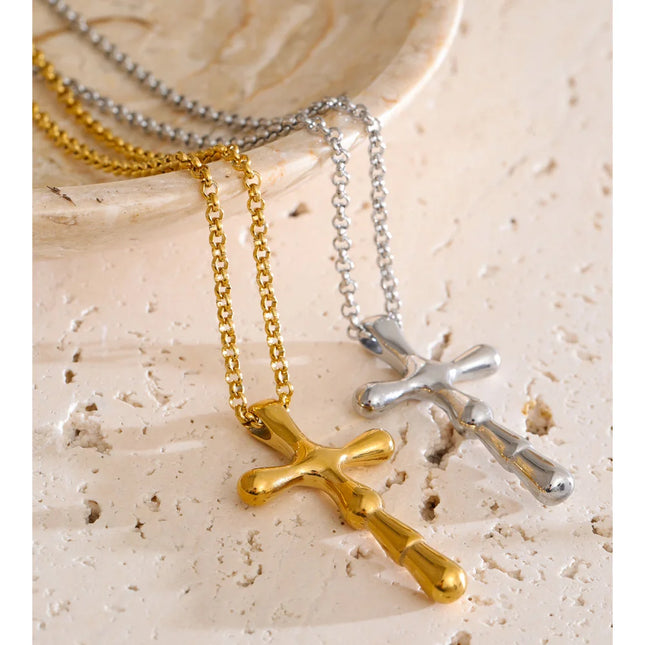 Yhpup High Quality Textured Waterproof Stainless Steel Cross Pendant Necklace Jewelry for Women PVD Plated Handmade Polished