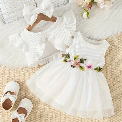 Newborn 2024 Baby Girls Dress Summer Waist Flower Vest Sleeveless Short Top Sweet Girl Lace Mesh Dress