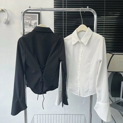 White Shirt Women Tops Korean Long Sleeve Blouses Lace Up Button Up Shirt Office Lady Black Fashion Slim Turn-Down Collar Blouse