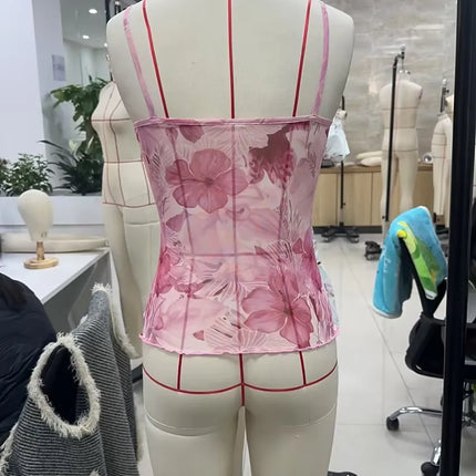 Women Summer Vintage y2k Aesthetic Crop Tops Floral Print Boho Sleeveless Spaghetti Strap Mesh See Through Coquette Tanks Camis