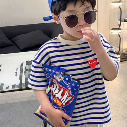 Summer Children's Cotton T-Shirt, Striped Round Neck, Short Sleeve, Kids' Top, Trendy Little Girl, Casual Cartoon Print, Sweat-Absorbing...