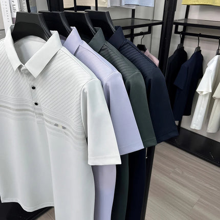 Summer Gentle Men's Polo Shirt Striped Pattern Ice Silk Short Sleeve Smooth Breathable Office Daily Commute Top