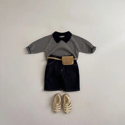 2026 Spring Children Sweatshirt 1-6Y Turn Down Collar Kids Cardigan Classic Striped Boys Jacket Sweaters Girls Knit Pullover