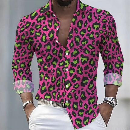 New Men's Leopard Print Long-Sleeved Shirt, Trendy Retro Slim-Fit Turn-Down Collar Casual and Stylish Men's Shirt, Sizes S-6XL.