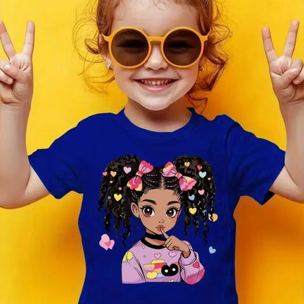 Girls' Summer Crew-Neck Short-Sleeved Top New Black Girls Cute Top Girls Clothes Cartoon Print T-Shirt Top Children's Clothing