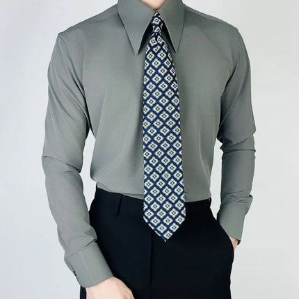2025 New High Quality Lapel Men Shirt Wrinkle-Free Slim Fit Business Casual Shirt Solid Color Retro Gray Men Dress Shirt