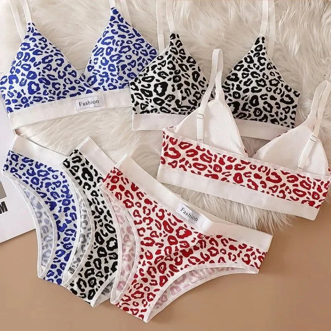 Summer New Women's Leopard Print Seamless and Underwired Bra Adjustable Shoulder Strap Back Women's Underwear Set