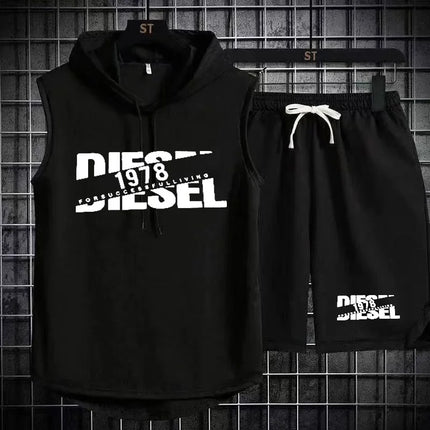 Summer breathable letter printed sleeveless hooded sports suit men's quick drying vest shorts two-piece set