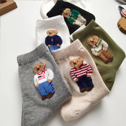 Cute Trendy Cartoon Bear Mid-Calf Cotton Socks for Women Casual Sweater Adult Female Bear Socks Comfortable Breathable Home Wear