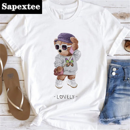 Women's Cute Bear Graphic T-shirt Short-Sleeved Clothes Women's Print T-shirt Summer 90s Fashion Style Women's Fashion T-shirt