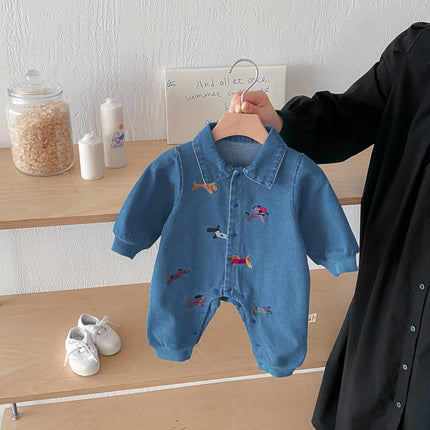 Baby one-piece suit, denim autumn wear, embroidered outdoor crawling clothes for boys and girls, Hayi, first birthday clothes fo