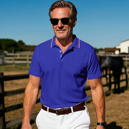 Men's Blue Polo Shirt Short Sleeve Contrast Collar Button Placket Business Casual 2026