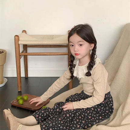1-12 Years Long-Sleeved Shirts Children's Spring Knitted Tops Baby's Lace 2025 Lace Base Shirt Korean Girls Ruffle Collar T-shirt