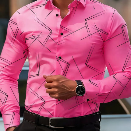 Men's trendy geometric line print long-sleeved shirt Business casual fashion design slim fit non-iron versatile ins style shirt