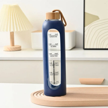 New 32oz 1L Time-marked Glass Water Bottles Bamboo Lid Free of Lead Motivational Sport Silicone Sleeve Portable Drink BottleGift