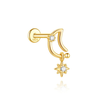 CANNER 1Pc 925 Silver Smooth Stars Moon Stud Earrings For Women 18K Gold Flat Head Threaded Puncture Ear Bone Ins Fine Jewelry