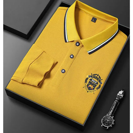 New Men's Long-sleeved Cotton Polo Shirt Fashion Embroidery Casual Bottom Pullover Shirts Tops Men's Clothing