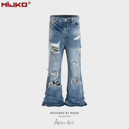 MIJKO Unisex Wide Leg Flared Jeans Torn Hole Cut with Cat Whisker Fringe Blue for Men And Women ZJ014