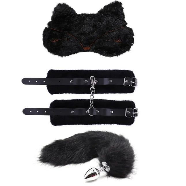 Adjustable Leather Handcuffs Soft Blindfold Bondage Set Anal Plug Adult Toy For Women Men Couples Game